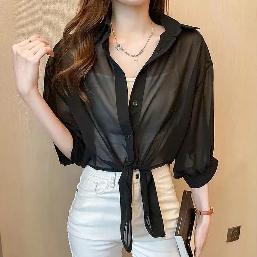 

Blouses Spring Summer Casual Elegant Single Breasted Translucent Cuff Sleeve Shirt Collar Casual Blouses For Women