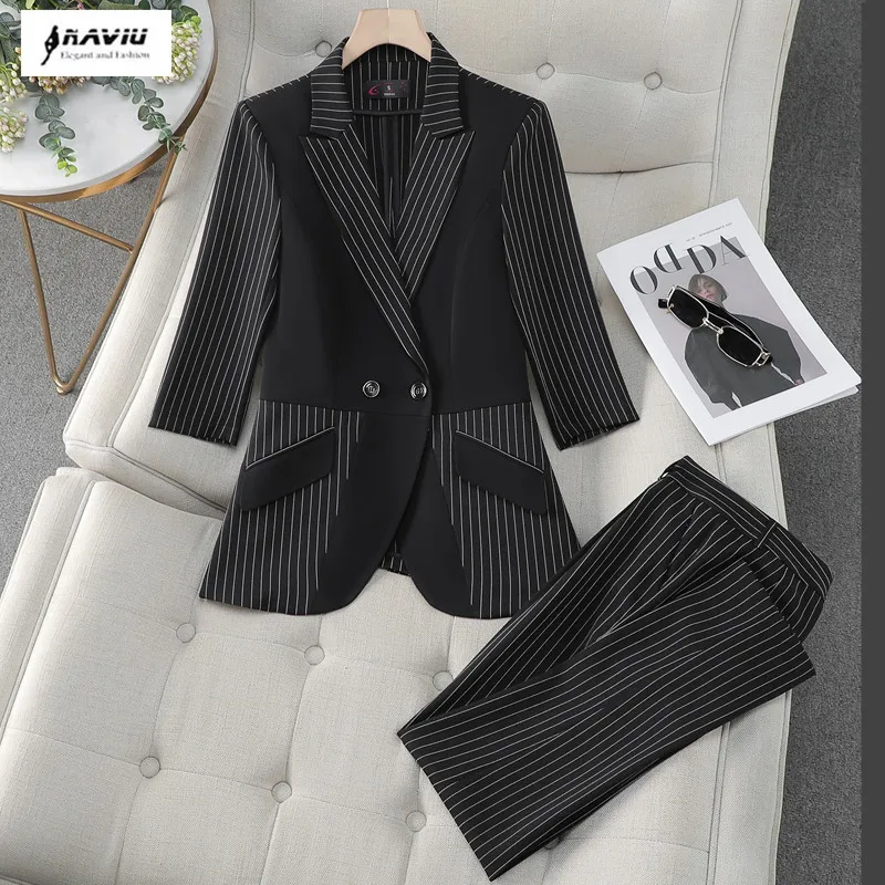 

NAVIU 2024 Women 2 Piece Sets Fashion Black Stripe Double Breasted Blazer Jacket Coat Tops And Slim Pants Casual Commute Sets