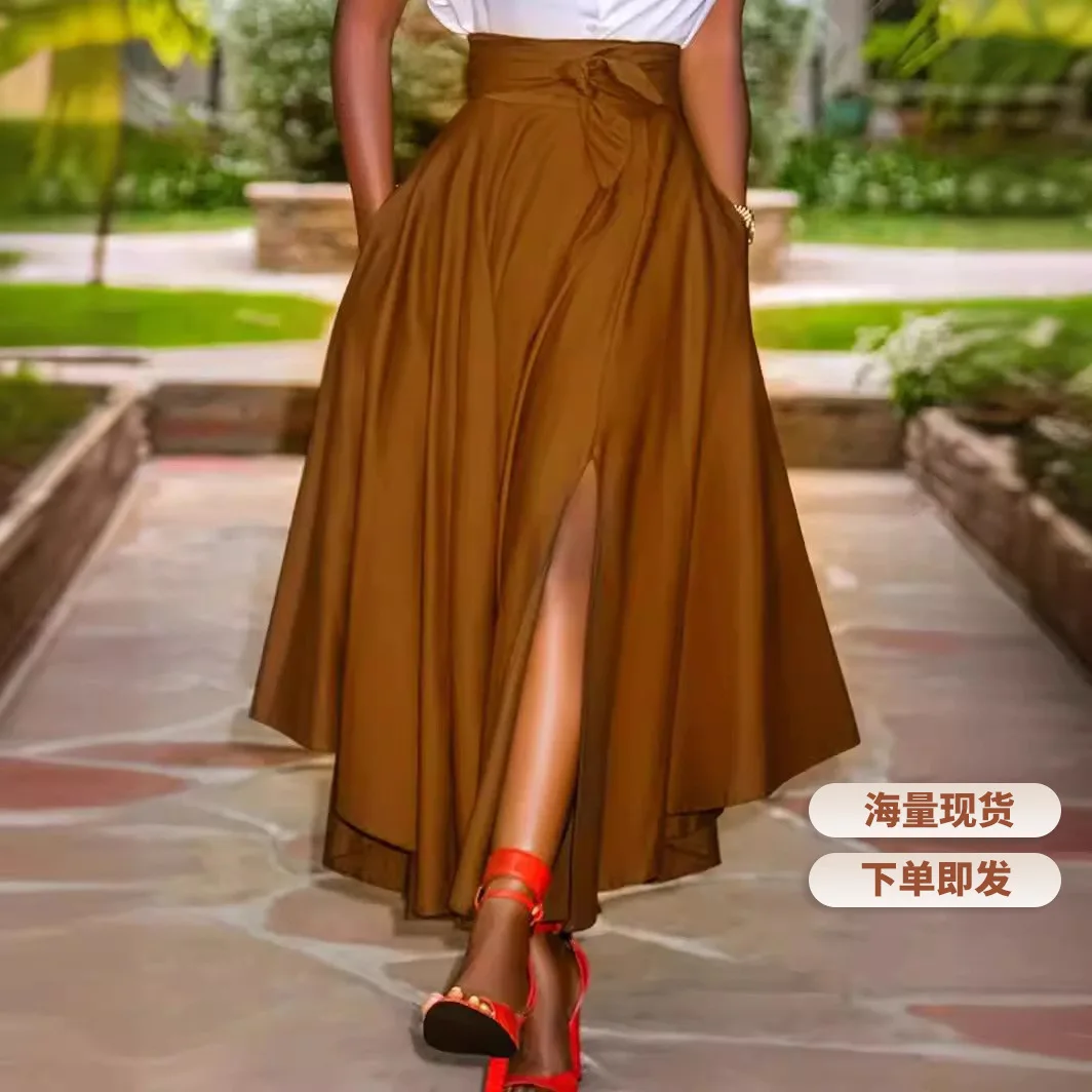 

2026 spring and summer explosion slit pleated fashion elegant French lace-up skirt women
