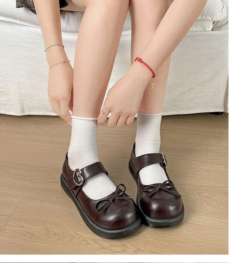 Chaussures plates pour femme style Mary Janes JK, en similicuir, avec petit nœud et boucle métallique en forme de cœur, pour étudiantes, uniformes scolaires, style Lolita Kawaii