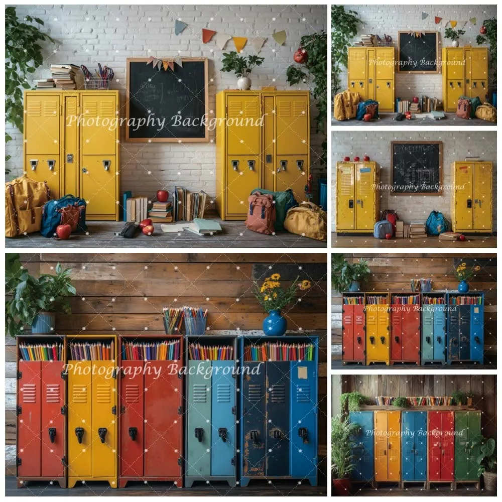 

‌Vintage School Backdrop‌ Wooden Desk Colorful Metal Bookcase Chalkboard Back to School Graduation Classroom Decor Background