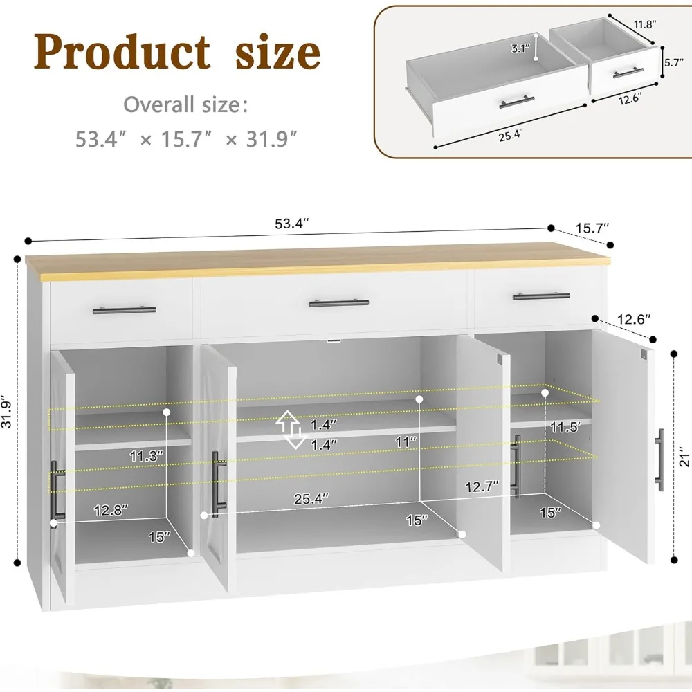 Szafka bufetowa z szufladami, 53-calowa duża szafka bufetowa do przechowywania w kuchni, nowoczesny bar kawowy wiejski z półkami
