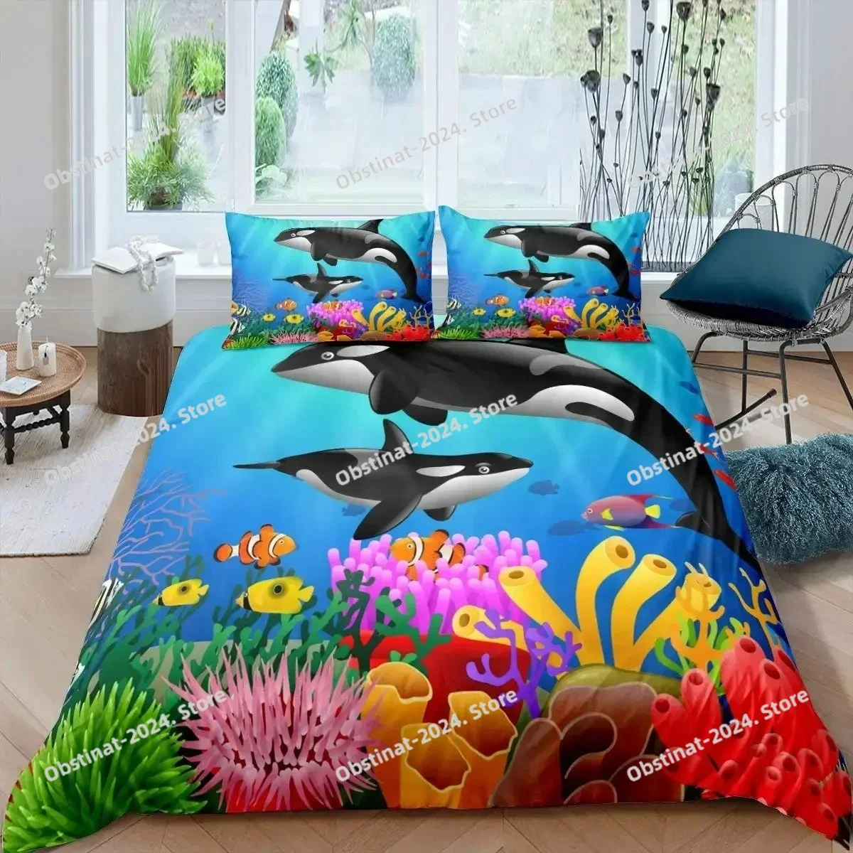 

Cartoon Octopus Bedding Set KingQueen Size,Ocean Underwater World Duvet Cover Kids Sea Coral Fish Polyester Quilt Cover