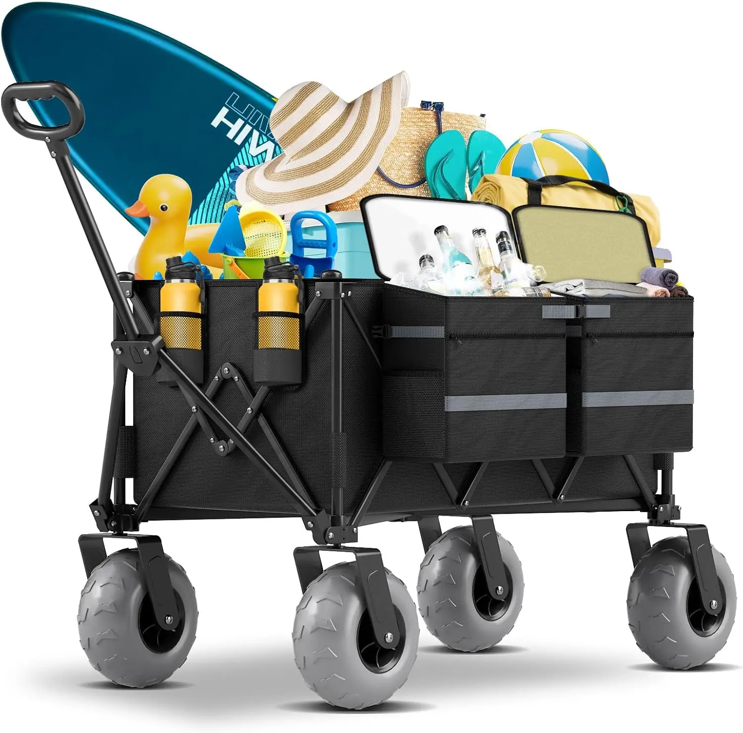 

Heavy Duty Beach Wagon with 9" Big Wheels for Sand - 450lbs Load Foldable Wagon with Adjustable Handle & Cooler Bag