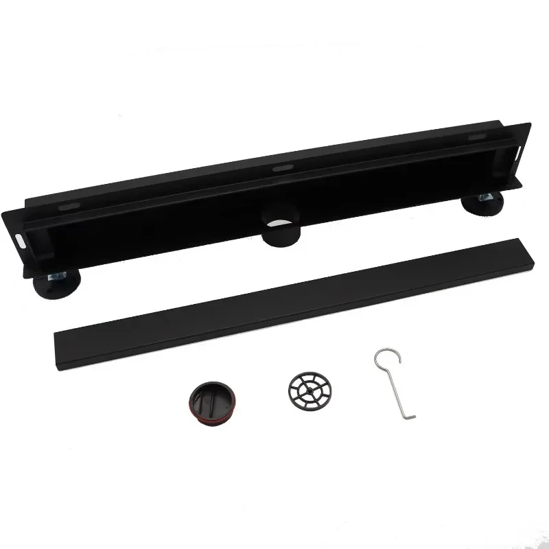 

Modern Wall Linear Shower Drain SS304 Black 600mm Vertical Outlet with Bathroom Filter Invisible Cover Tile Insert