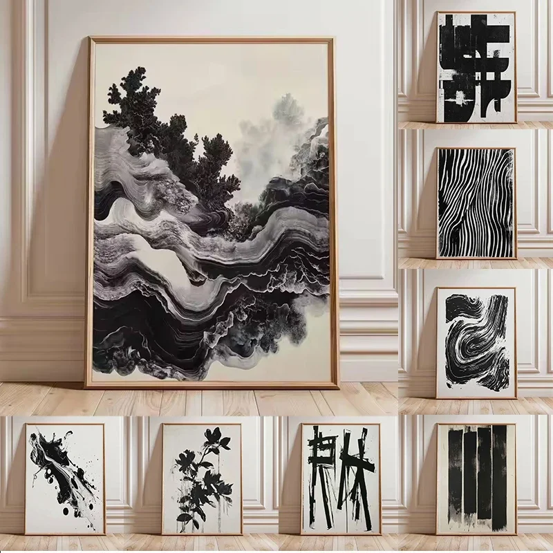 1 Stück rahmenloses abstraktes Schwarz-Weiß-Poster mit fließenden Linien, Tintenlandschaft, minimalistische Wandkunst, Bilder, Leinwandgemälde, Roo