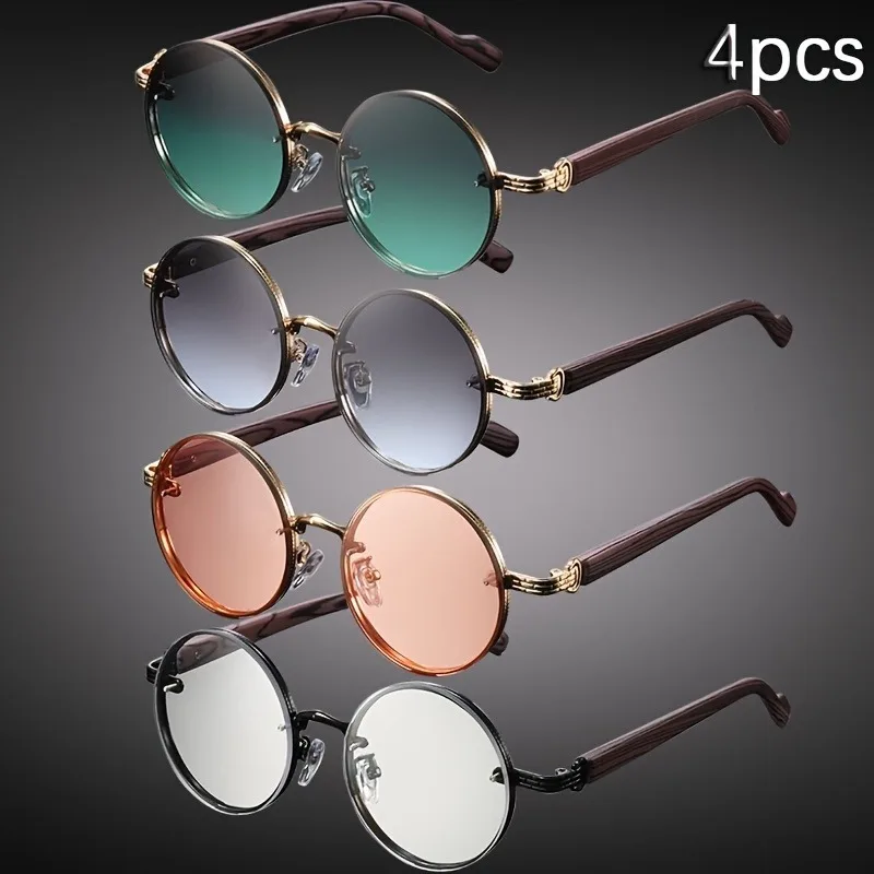 

4pcs Retro Small Frame Round Punk Wood Grain Legs Simple and Fashionable Unisex Glasses Suitable for Daily Wear