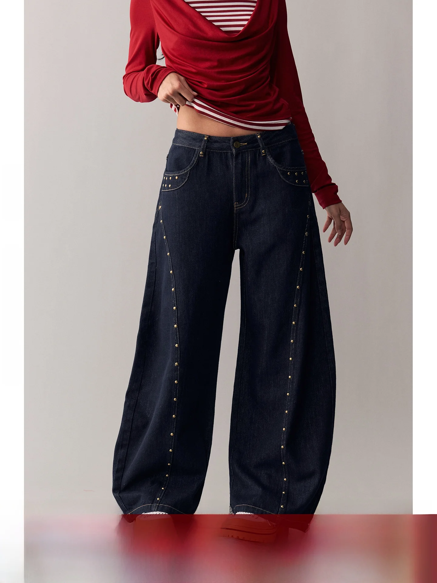 

BeerBro Vintage Sound Wave Wide Leg Original Jeans Cotton Low Waist Rivet Spring Summer Versatile Women's Jeans Deep Color