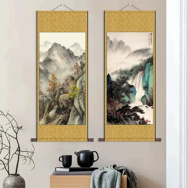 Bamboo Raft Calligraphy and Painting Landscape Lushan Waterfall Hanging Painting Ink Landscape Painting Poster Canvas