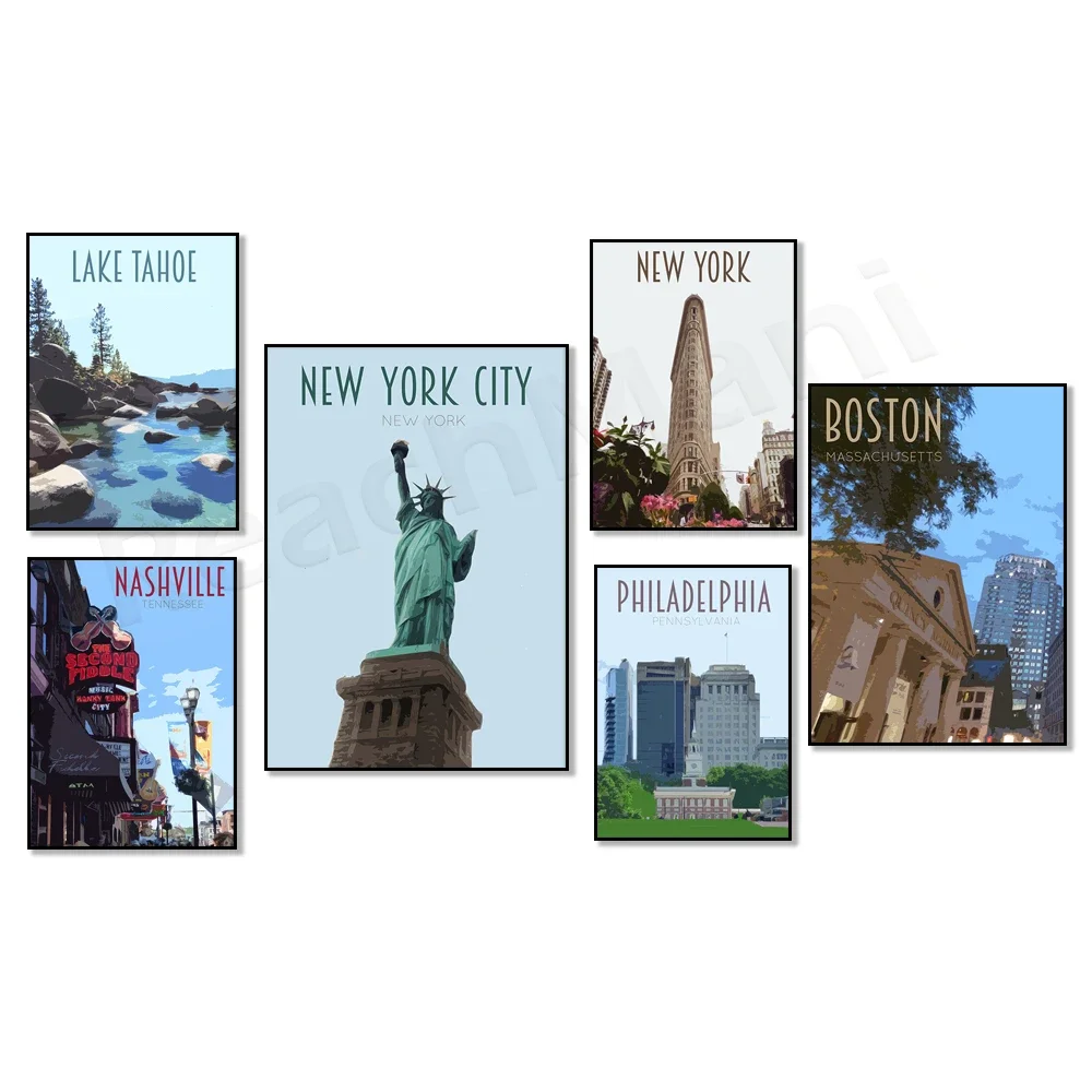 New York City, Nashville Tennessee, Utah, Philadelphia, Nevada, Massachusetts, Washington DC, Niagara Falls USA Travel Poster