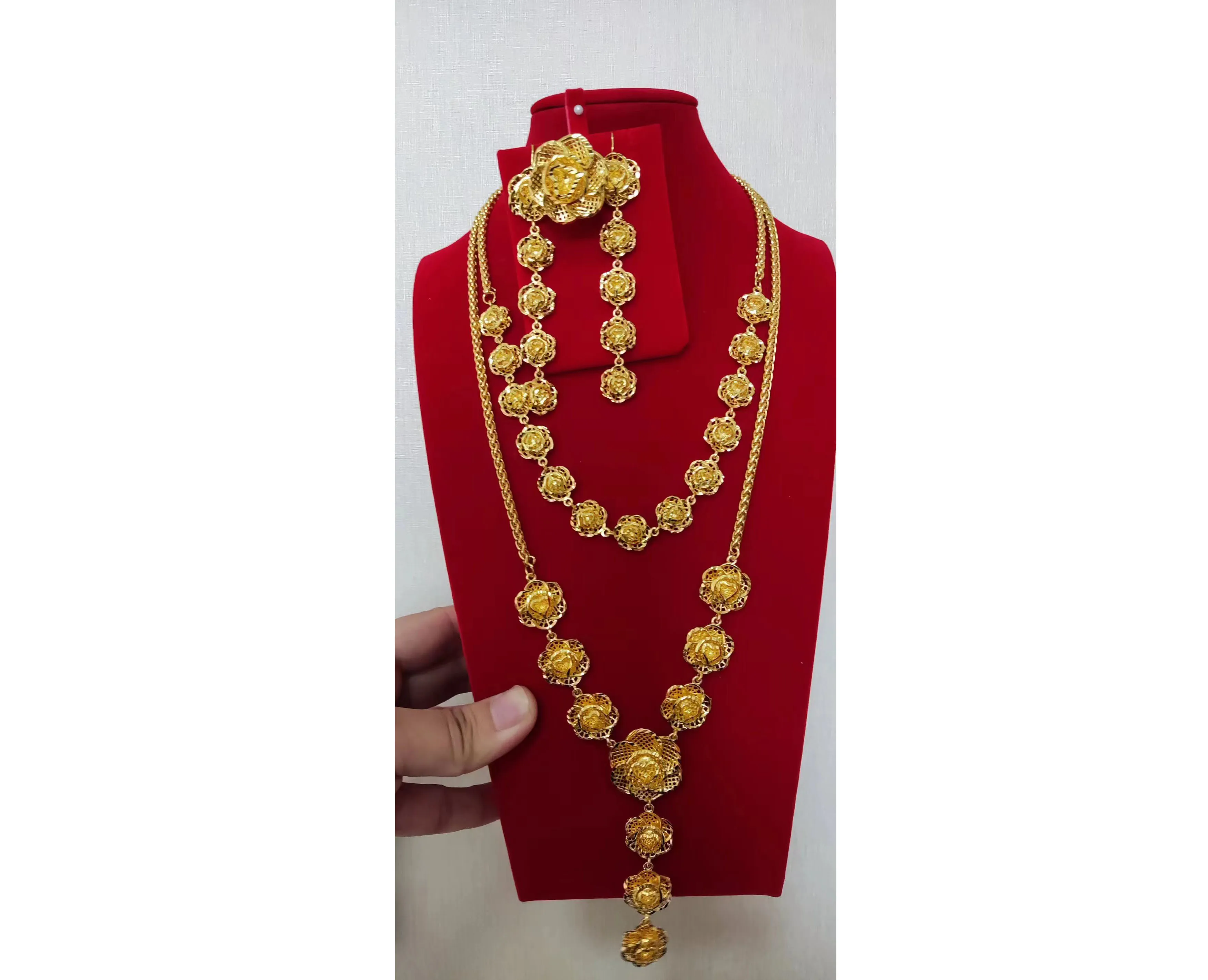 New Dubai 24K Gold Plated Bridal Wedding Necklace Ring Women's Earring Jewelry 3-piece Set DD10075