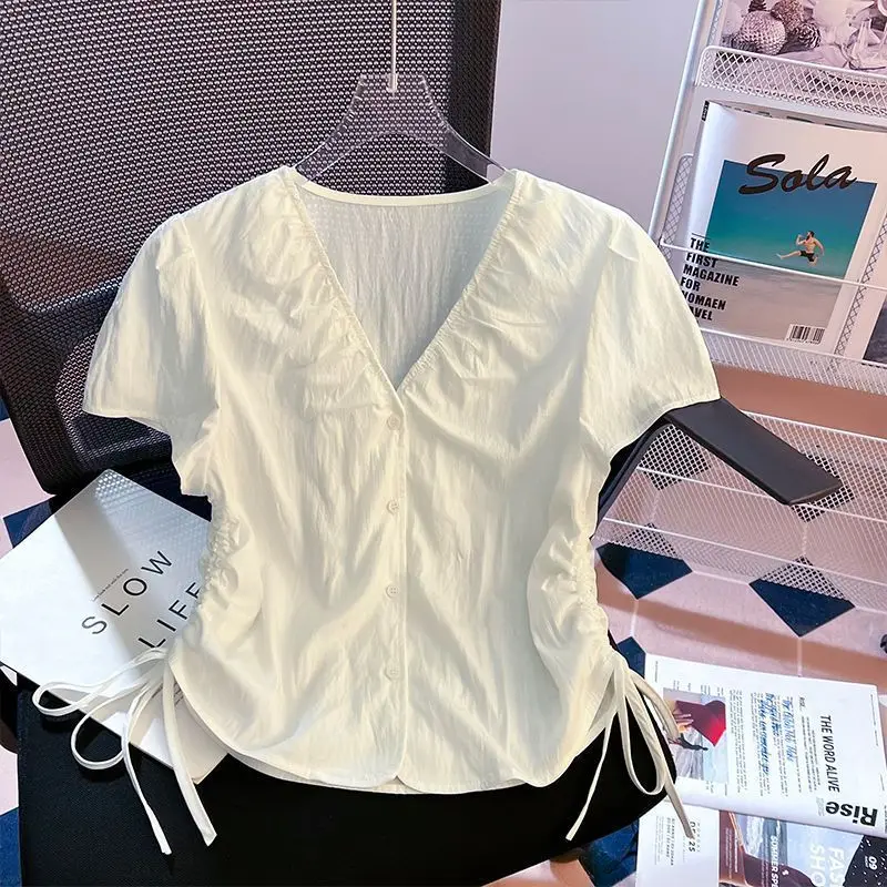 

Nice Femme Summer Korean Fashion Button Solid Color V-neck Simplicity All-match Drawstring Short Sleeve Cotton Women Clothing Te