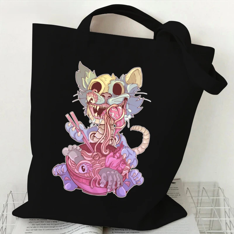 Cat Skull Gothic Punk Shopping Bags Large Capacity Canvas Folding Eco-Friendly Tote Bags Reusable Shoulder Bag Grocery Handbag