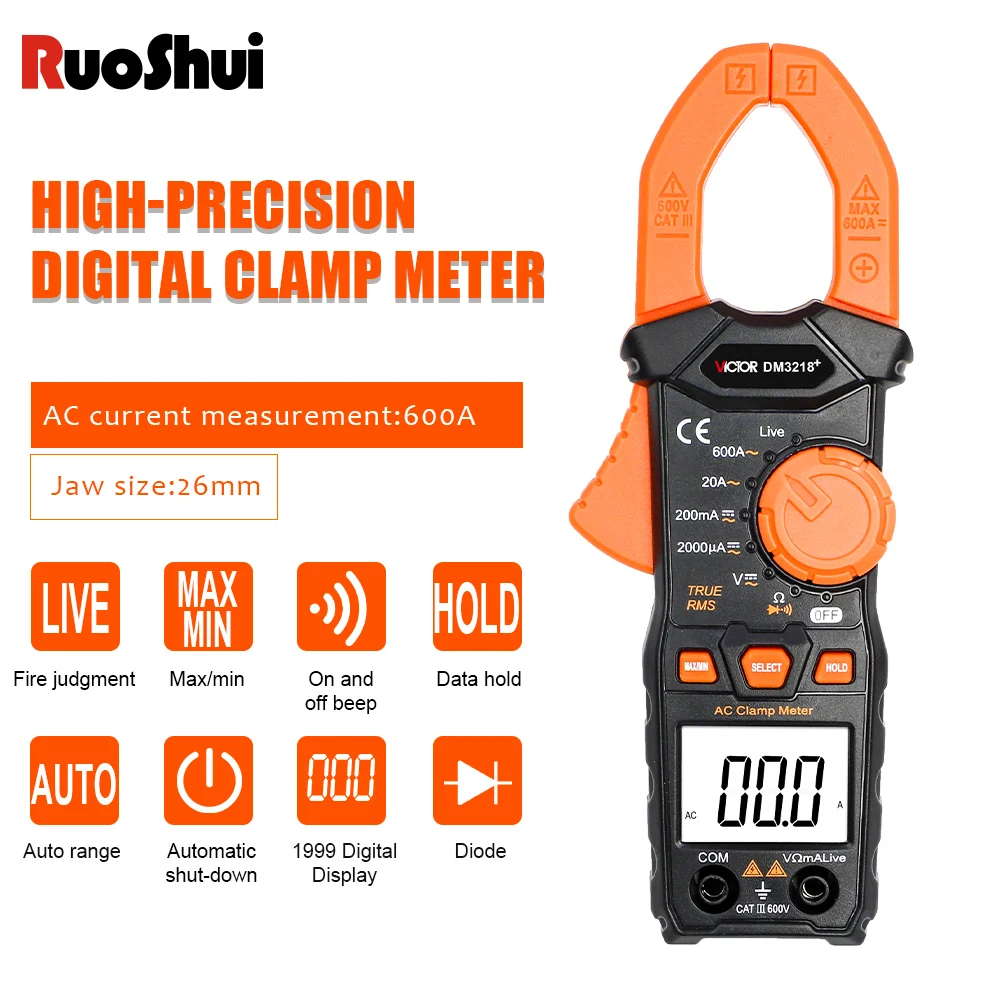 Victor 3218+ Digital Clamp Multimeter Ture RMS Auto Range Diode Resistance 20MΩ Frequency AC/DC 600V 600A Live Wire Clamp Meters