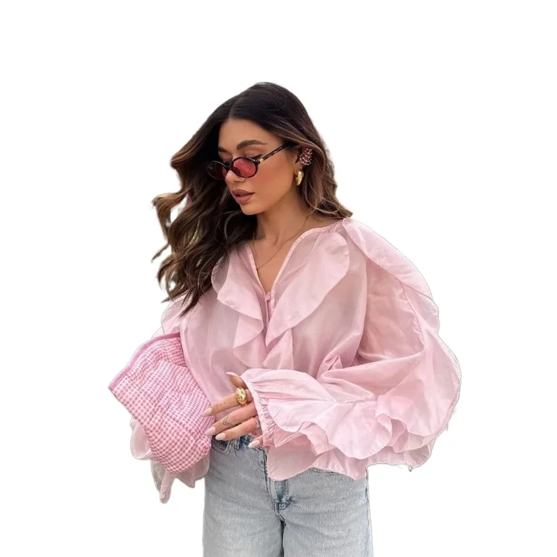 2026fashion High Street Primavera e Autunno Nuove donne Abbigliamento Allentato Casual Temperamento Camicia di colore solido Top Design Increspato Top