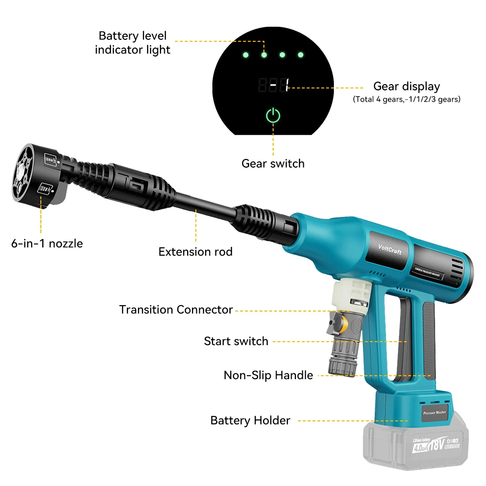 250Bar Brushless Electric High Pressure Washer 6 IN1 Cordless 4 Gears Car Wash Water Gun Garden Spray Gun for Makita 18V Battery