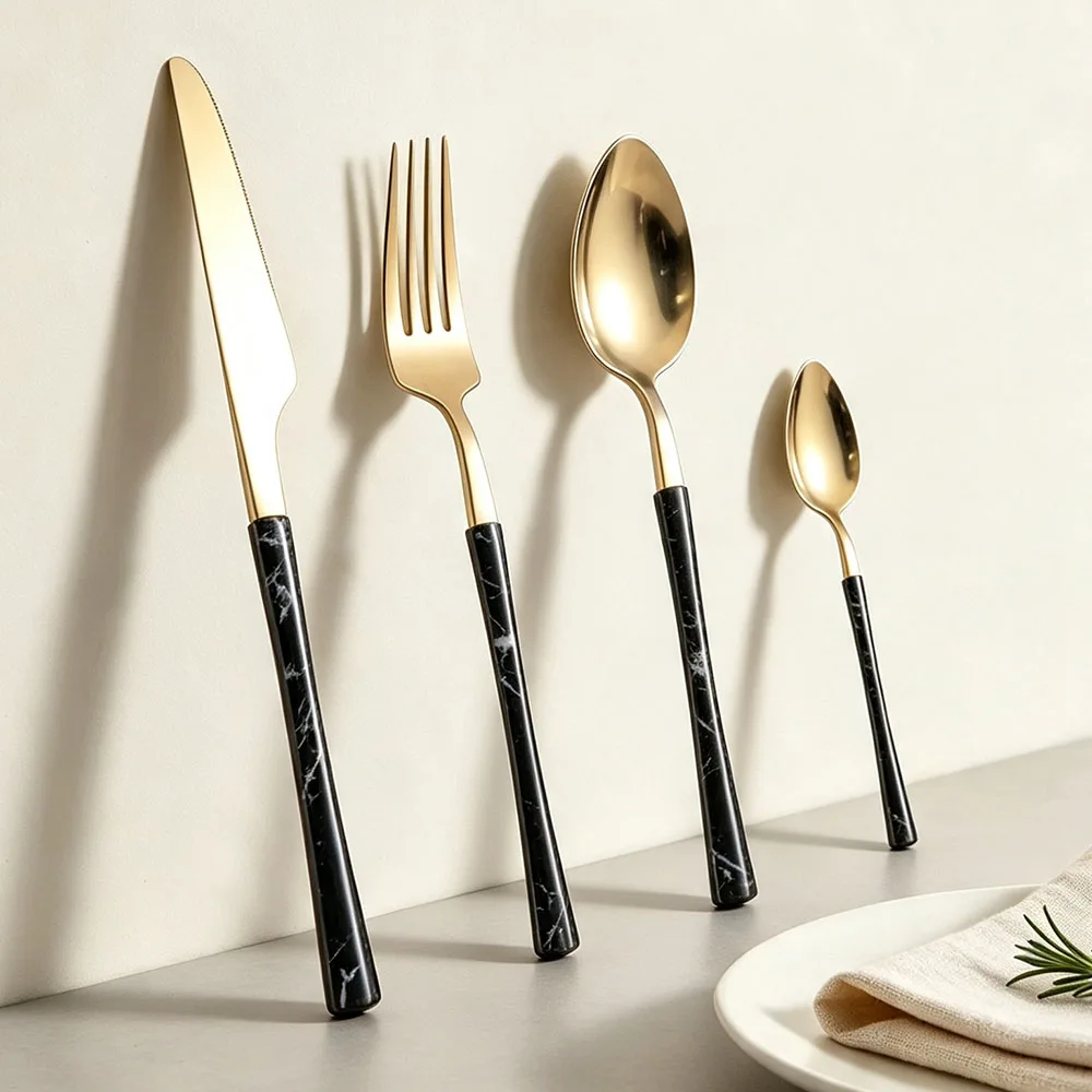 4Pcs Dinnerware Set Stainless Steel Imitation Wooden Handle Clamp Western Knife Fork Spoon Cutlery Tableware Silverware