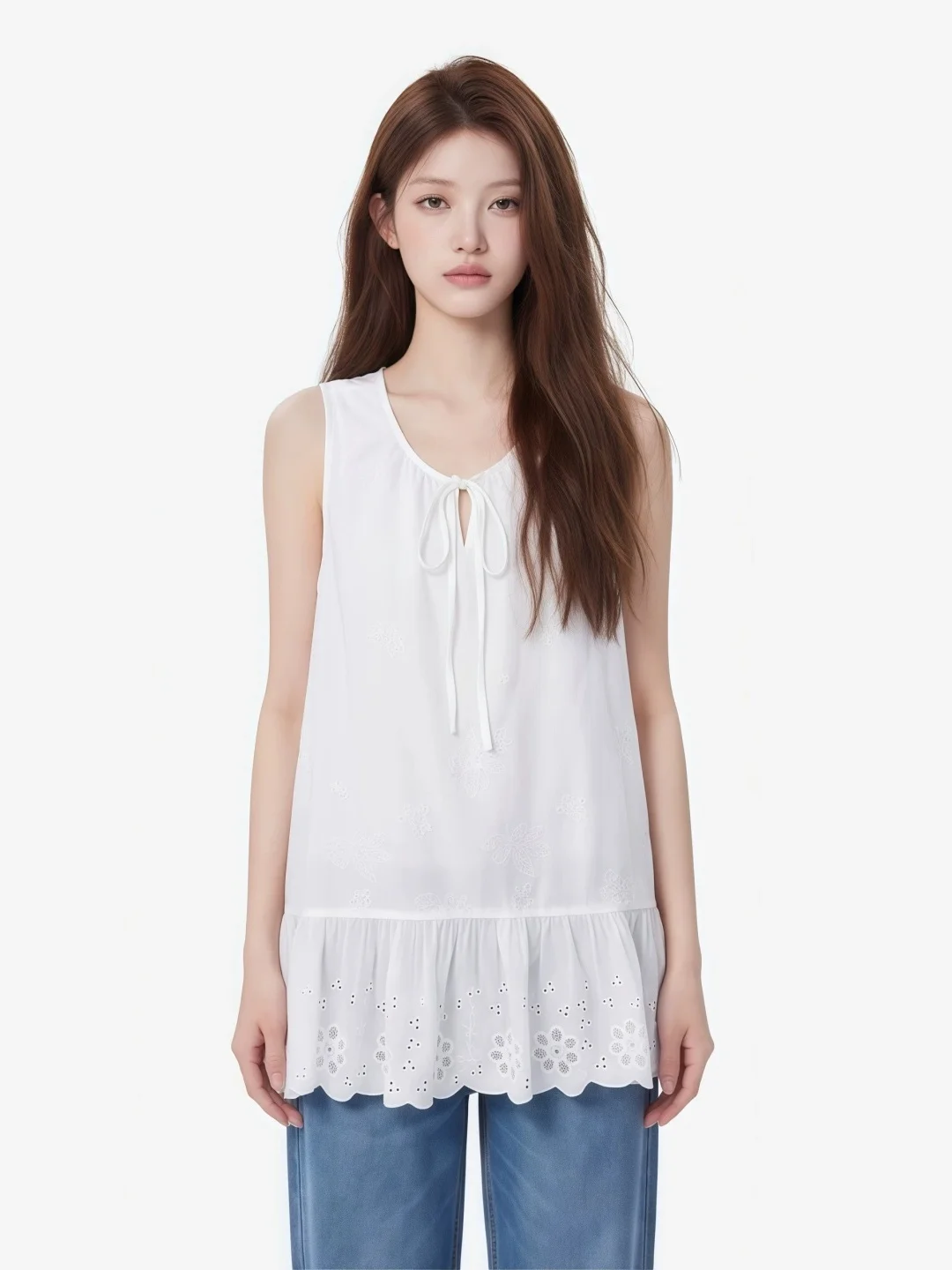 Soft Wind Hollow out Lace Sleeveless Vest plus Size Women's White Belt Splicing Slimming Top 300 Pounds Extra Large Women's C...