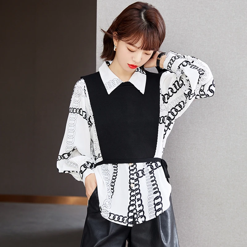 Loose Printed Shirt Vest Fashion Two Piece Set Spring Autumn Women Elegant Trendy Long Sleeve Button Blouse Tops Lady C1747