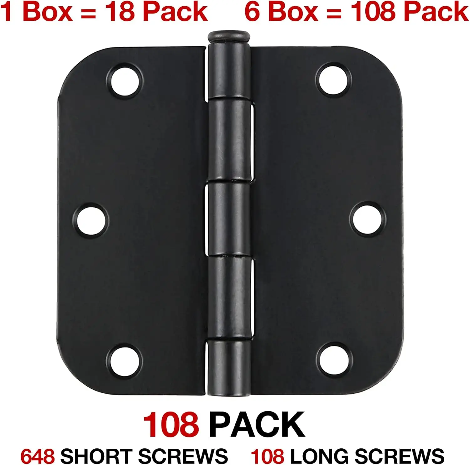 Rounded Matte Black Door Hinges 3.5 Inch 5/8