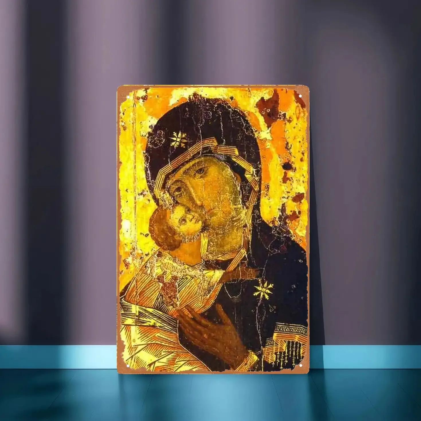Theotokos of Vladimir Orthodox Metal Icon Golden Background Christian Wall Art Spiritual Gift for Believers for Home or Church