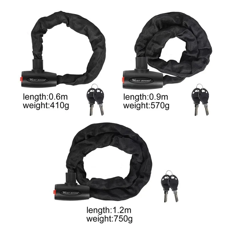 WEST BIKING Bicycle Anti Theft Chain Lock Hard Steel Alloy Durable Bold Lock For MTB Bike Motorcycle Scooter Cycling Accessories