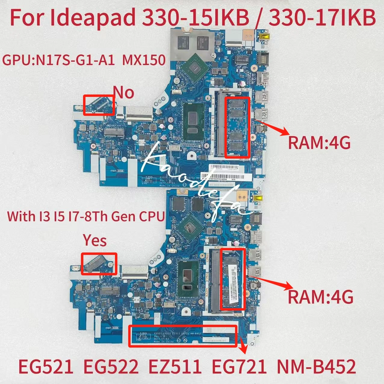 NM- B452 For Ideapad 330-15IKB/330-17IKB Laptop Motherboard CPU:I3-8130U I5-8250U I7-8550U GPU:N17S-G1-A1 RAM:4G 100% Test OK