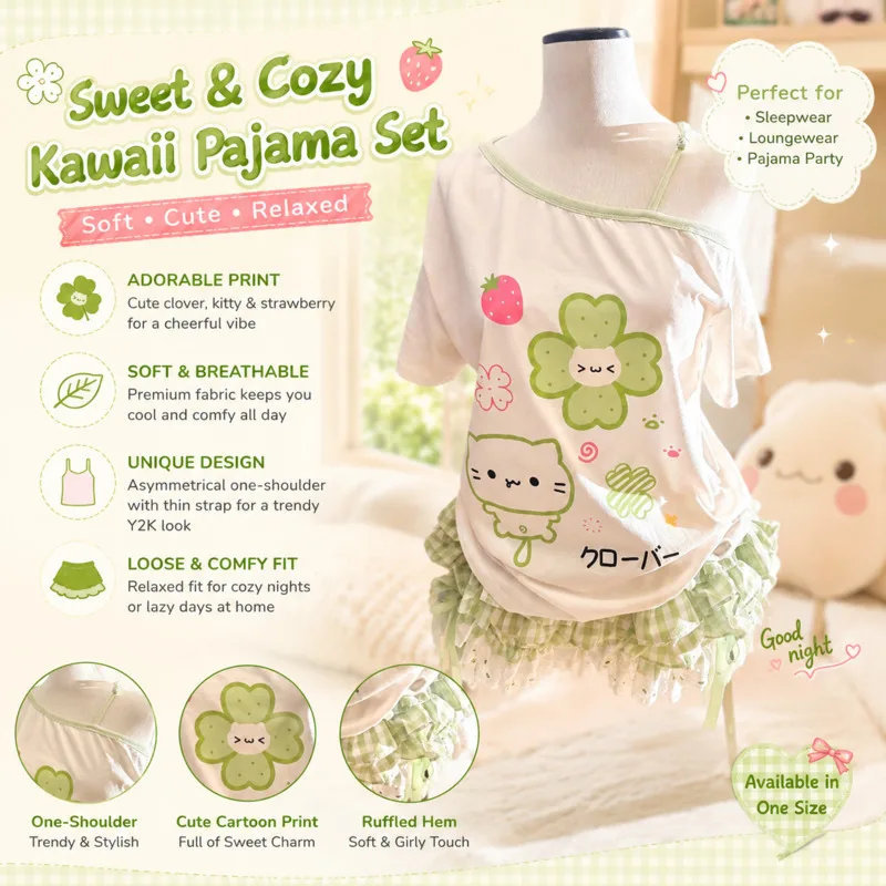 Kawaii Four Leaf Clover Cat Print Off Shoulder T Shirt Women Summer Green White Patchwork Loose Casual Top For Young Soft Girls