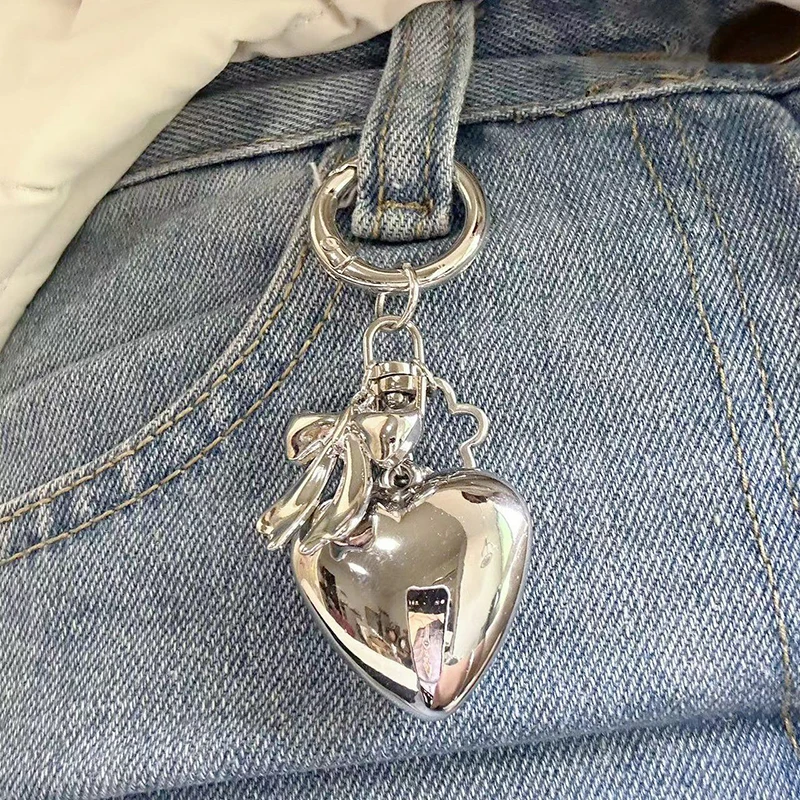 Big Heart Keychain Plastic Silver Color Key Ring Car Handbag Decoration Handmade