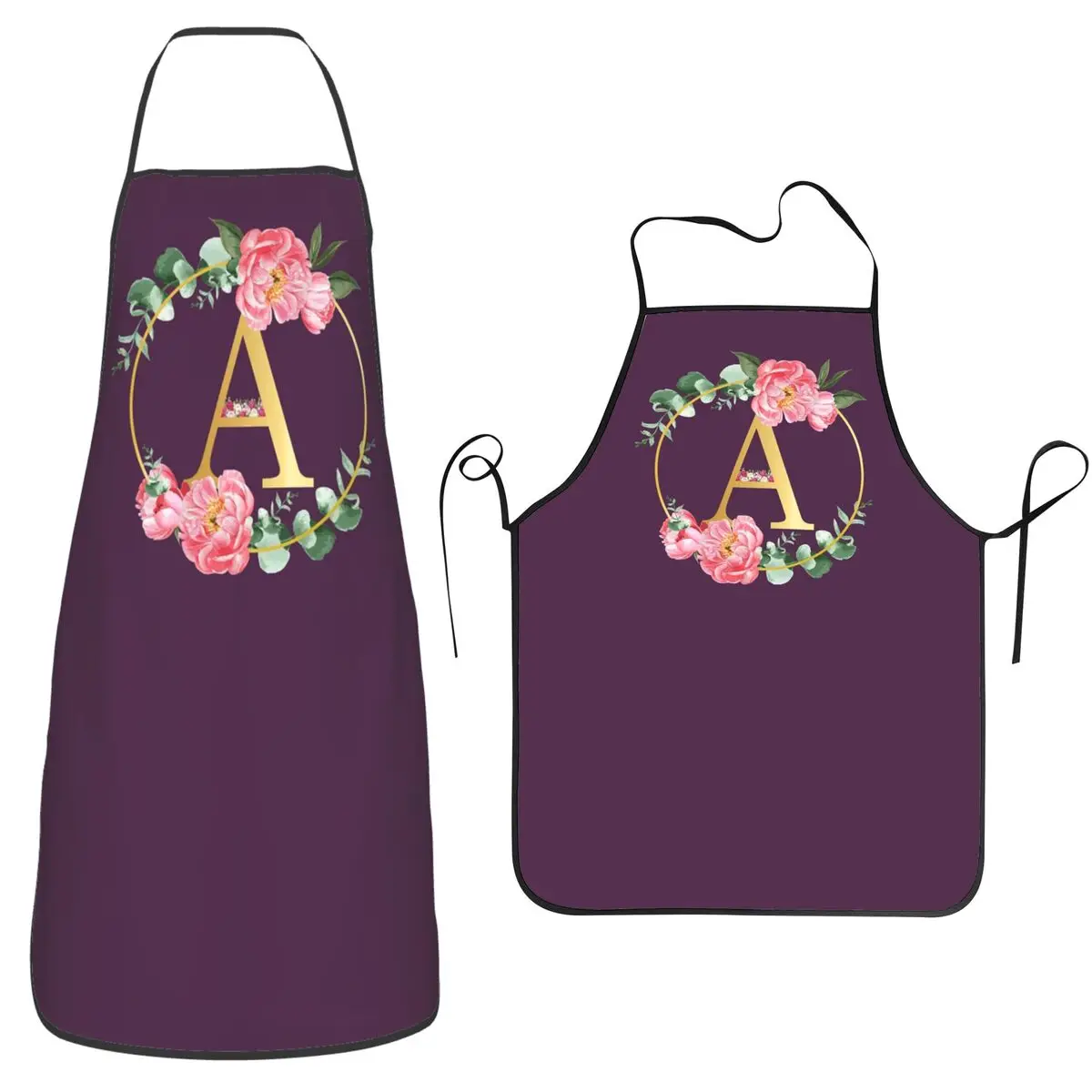 Letter A Monogram Floral Golden Flowers Frame Aprons Chef Cooking Tablier Bib Kitchen Cleaning Pinafore for Women Men Painting