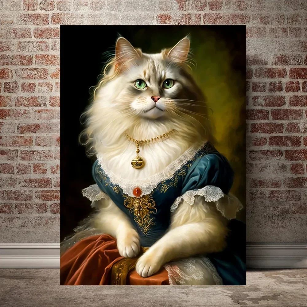 Renaissance European Aristocracy Black Cat White Cat Drinking Beer Poster Print on Canvas Wall Art Painting Room Home Decoration