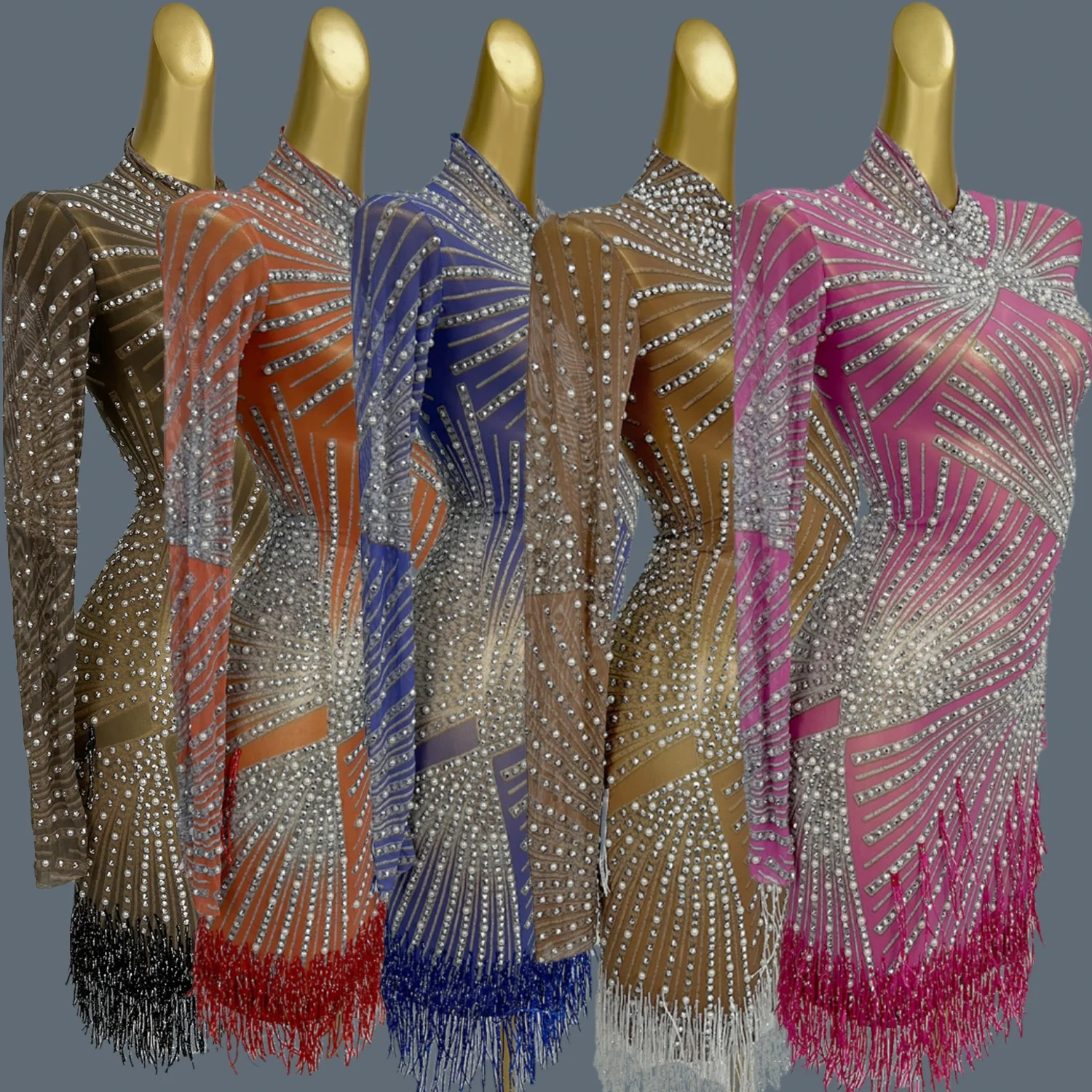 

Luxury Women's Elegant Dress Sparkly Rhinestone Pearls Sexy Bodycon Tassel Short Dress Club Latino Dance Dress for Women Zonglv