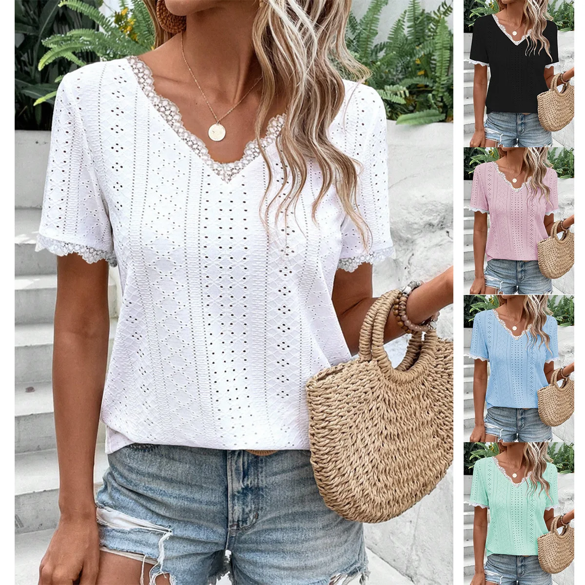 

Summer 2023 Women's V-ne T-irt Hollow out Lace ort Sve Hole Design Loose Fit Commute Sle Color Polyester Fiber