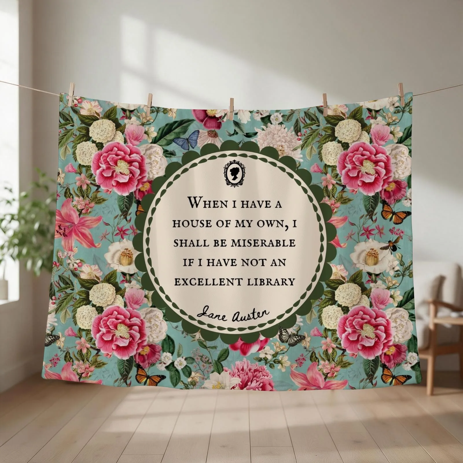 Jane Austen Library Quote, Literary, Bookish, Book Lover, Vintage Floral Flowers Throw Blanket