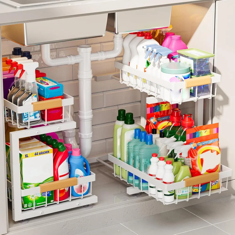 

2 Pack Height Adjustable 2 Tier Under Sink Organizer Pull Out Storage Shelf for Kitchen Bathroom