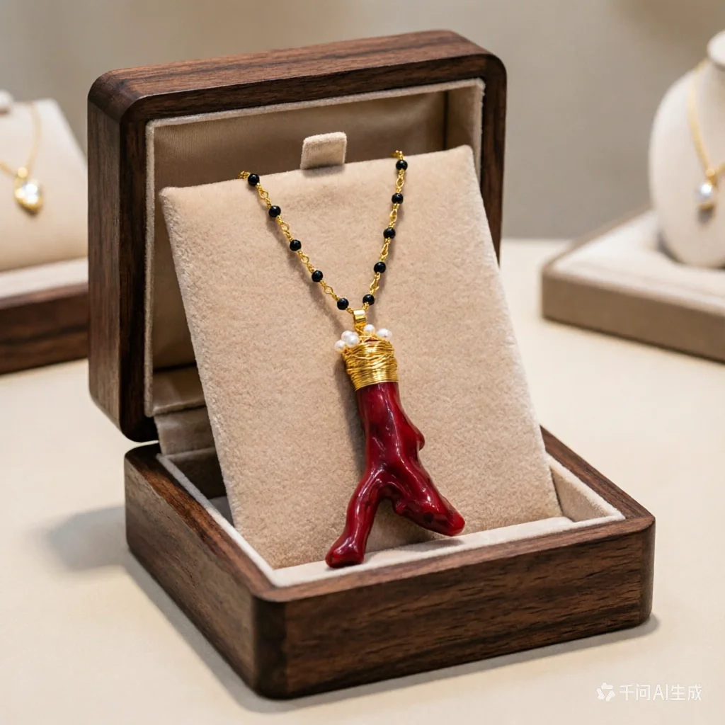 WT-JN236 Wholesale Fashion Natural Gold Red Coral Necklace Randomly Shape Black Rosary Beads Wire Wraped Pendant For Women Gift