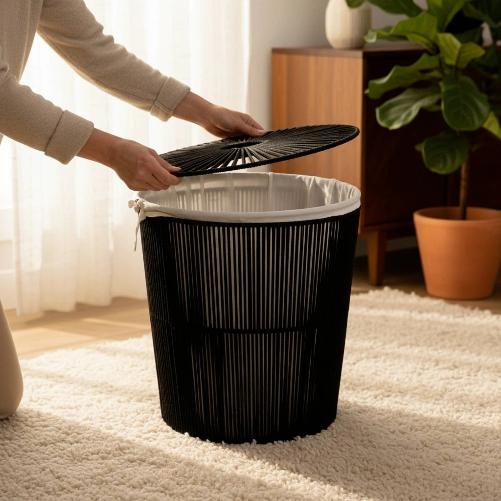 Cotton Rope Basket with Lid Minimalist Laundry Basket with Lid Cotton Rope Hamper Lined Structured for Parents, Bedroom, Nursery
