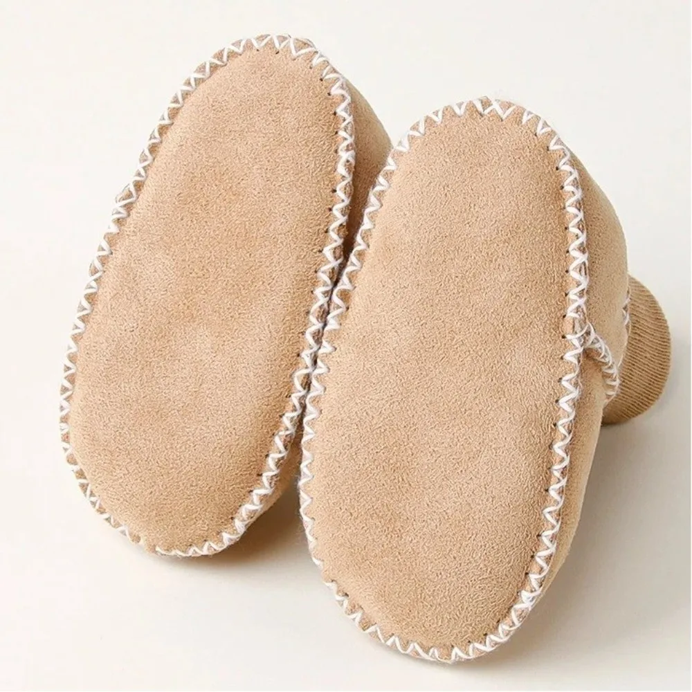 Zapatos de cuero de ante grueso, calcetines de fondo suave de cuero de gamuza, zapatos antideslizantes con forro polar, zapatos de aprendizaje de 0 a 12 meses