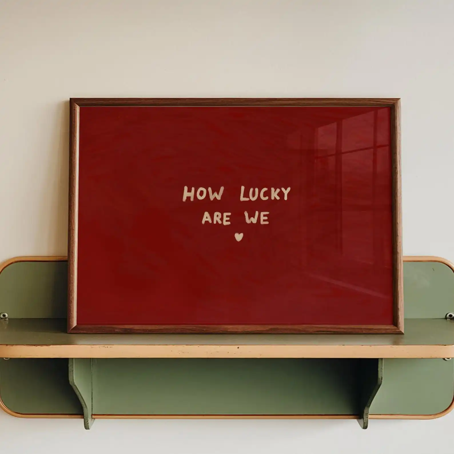 How Lucky Are We Wall Art • Minimalist Red Background Quote Print with Heart Text • 2D Flat Unframed Canvas for Decoration •