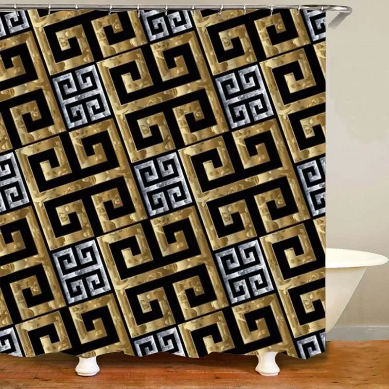 3D Luxury Black Gold Greek Key Meander Bathroom Curtain Shower Curtain for Bathroom Modern Geometric Ornate Bathtub Toilet Decor