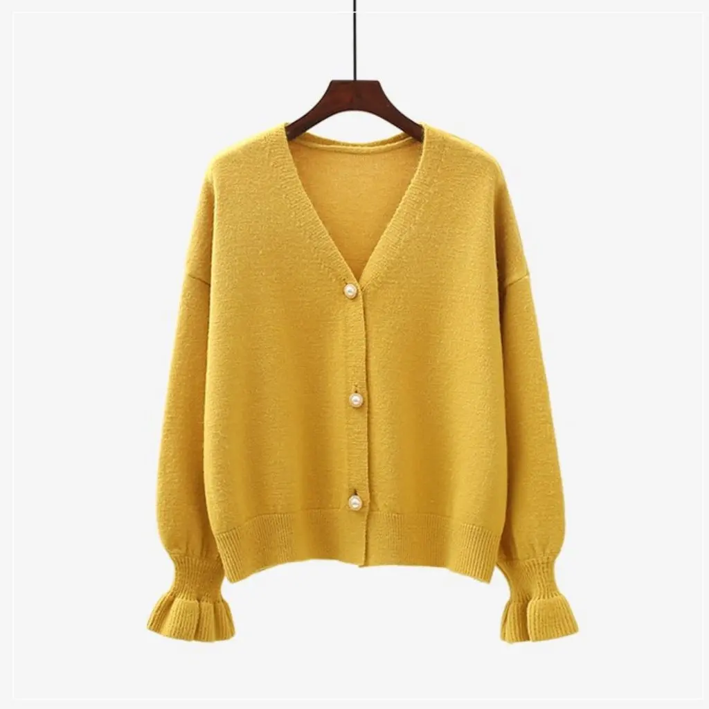 

Korean Style Women's Knitted Cardigan Spring Autumn Loose Bell Sleeve Sweater Early Spring Fruit Green Short Jacket