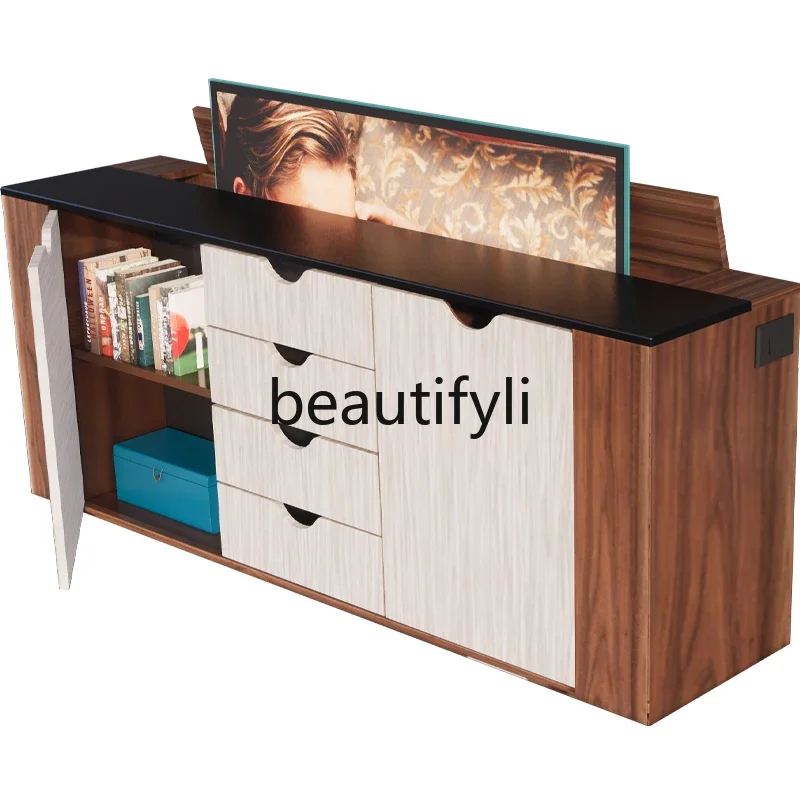 

xzzHidden intelligent lifting integrated TV cabinet remote control electric opening solid wood