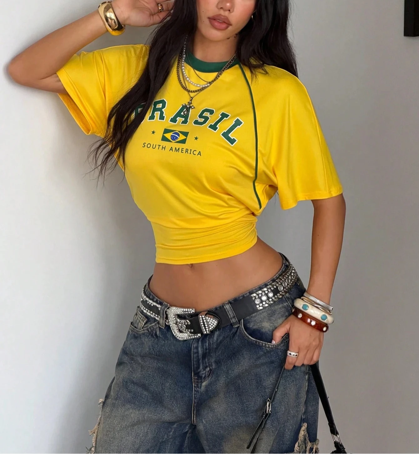 Women Summer Yellow Y2K Basic Fashion Streetwear Brazil Style Sportswear Short Sleeve Y2K Top Women Casual Daily Outfits T-shirt
