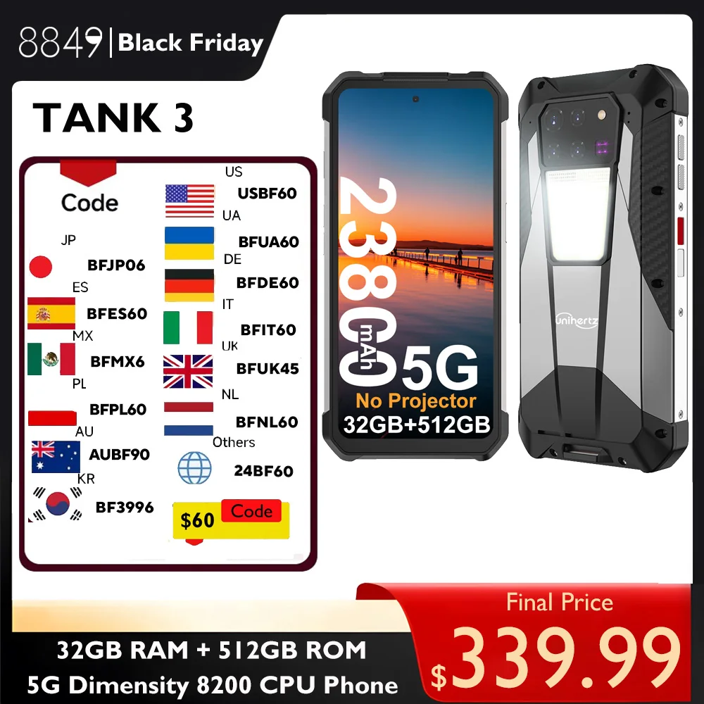 8849 Tank 3 Rugged Smartphone 32GB 512GB 23800mAh 120W Dimensity 8200 5G 200MP 120Hz Outdoor Light Wifi 6 GPS Dual Band