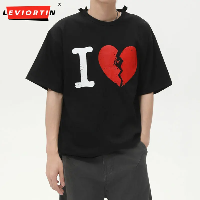 

Summer men's clothing youth trend Korean broken heart print versatile fashion couple round neck loose short sleeved casual top
