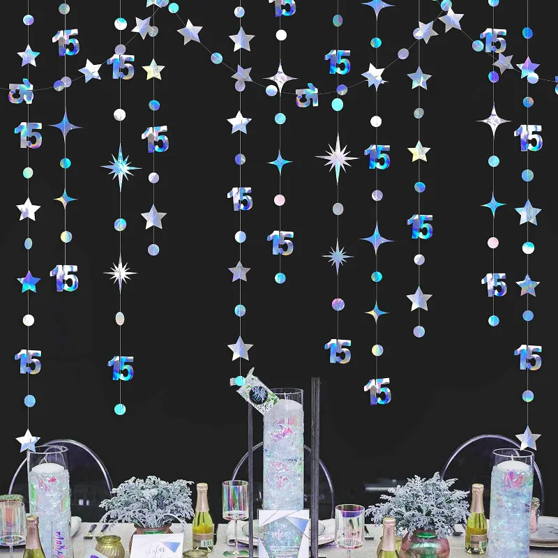 Iridescent 15th Birthday Banner Decorations Number 15 Circle Dot Twinkle Star Garlands Hanging Backdrop for 15th Birthday Party