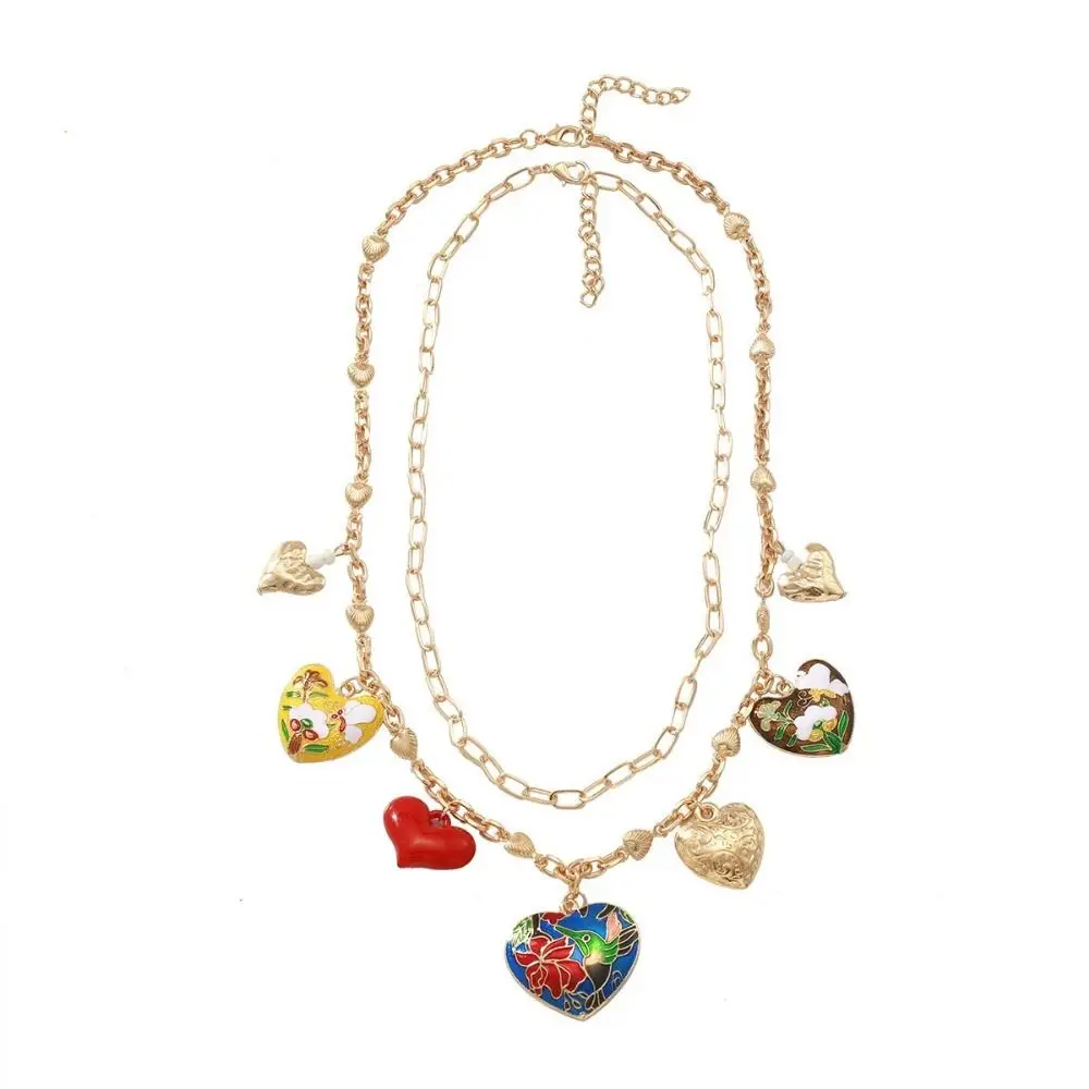 

Heart-shaped Big Heart Pendant Necklace Flower Vintage Double Layer Necklace Dripping Oil Gold Clavicle Chain Women