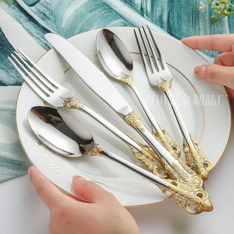 Five piece set of 316 stainless steel tableware, palace style gold-plated embossed pattern, main five piece knife, fork, spoon