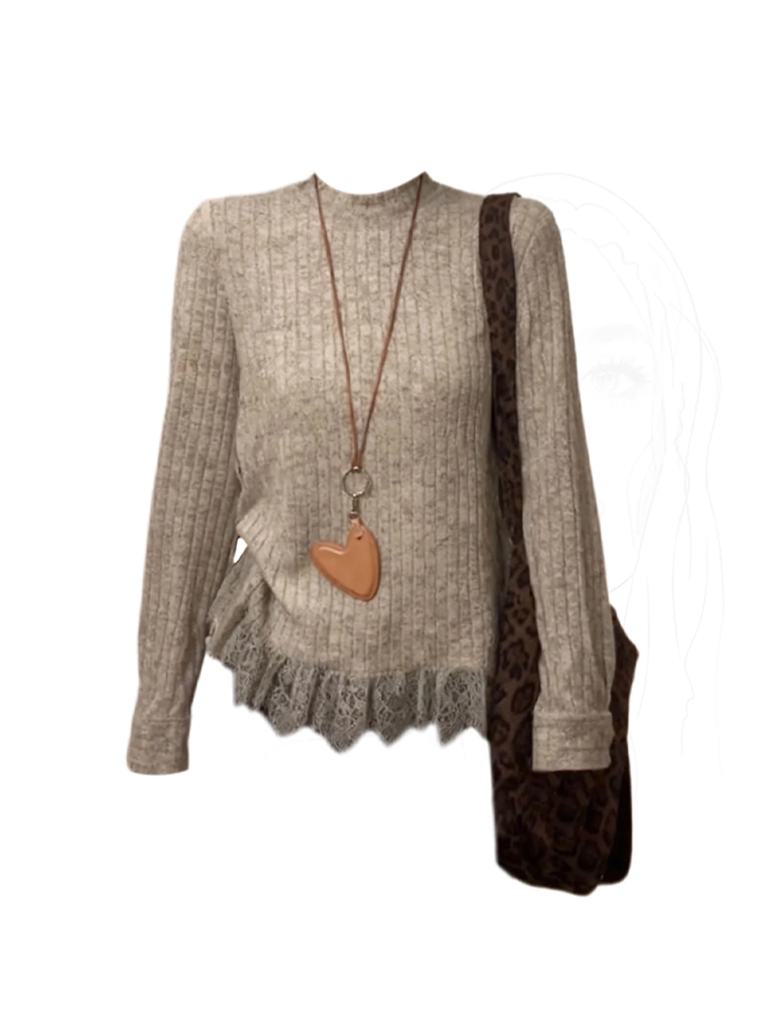 

Women Grey Lace Patchwork Knit Pullover Korean Style Sweater 2000s Vintage Long Sleeves Cozy Cashmere Sweater For Women Clothes