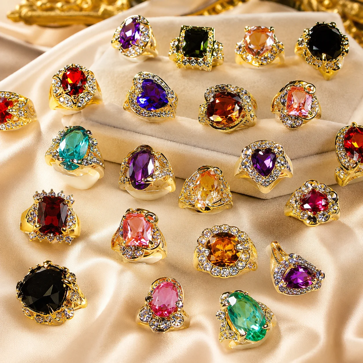 50Pcs Crystal Rhinestone Rings Set Gold Silver Color for Women Fashion Wedding Engagement Jewelry Wholesale PF078